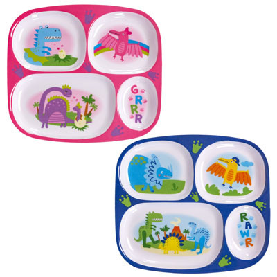 MELAMINE KIDS DINOSAUR DINNER WRE TRAY 4SECTION BOY/GIRL 48PC PDQ 9.5 X 8.5IN