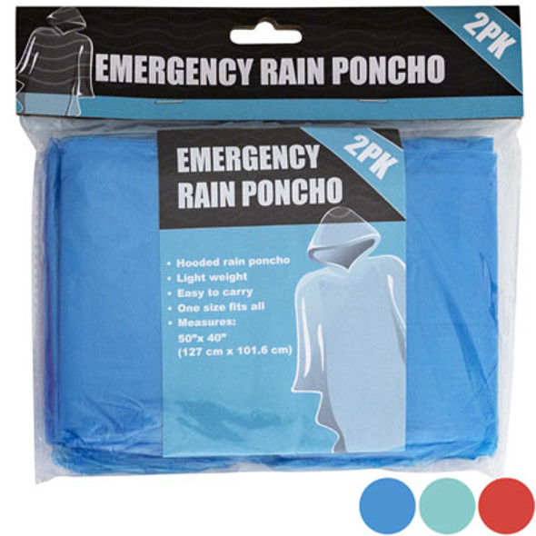 RAIN PONCHO EMERGENCY 2PK 3ASST COLORS 50 X 40 IN 12PC MDSG STRIP PBH