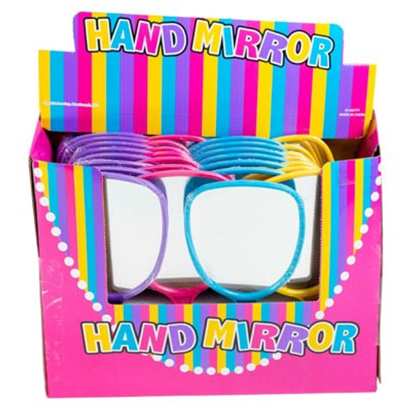 HAND MIRROR W/HANDLE IN DISPLAY 4AST COLORS UPC LABEL 36PC PDQ HAND MIRROR W/HANDLE IN DISPLAY 4AST COLORS UPC LABEL 36PC PDQ