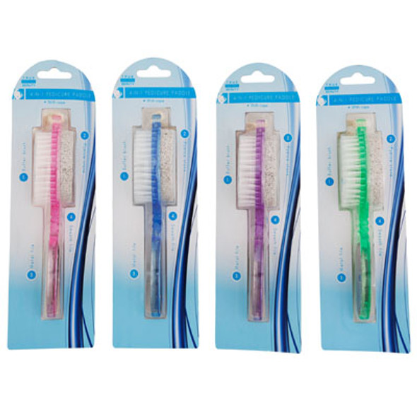PEDICURE PADDLE 4-N-1 6.7IN RASP/SMOOTH/BRUSH/PUMICE 4ASTCLR W/ROPE HNGR HBA DOUBLE BLISTER PEDICURE PADDLE 4-N-1 6.7IN RASP/SMOOTH/BRUSH/PUMICE 4ASTCLR W/ROPE HNGR HBA DOUBLE BLISTER