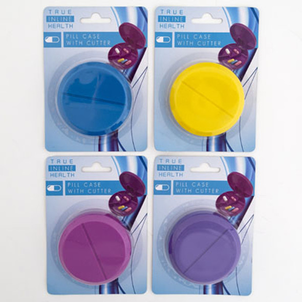 PILL CASE W/CUTTER PLASTIC ROUND 4ASST COLORS 12PC MERCHSTRIP HBA BLC PILL CASE W/CUTTER PLASTIC ROUND 4ASST COLORS 12PC MERCHSTRIP HBA BLC