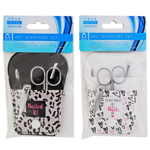 MANICURE SET/4 W/CHIC POUCH 2AST W/CLIPPER/SCISSOR/CUTICLE/TWEEZER NEW HBA ART PB W/HEADER MANICURE SET/4 W/CHIC POUCH 2AST W/CLIPPER/SCISSOR/CUTICLE/TWEEZER NEW HBA ART PB W/HEADER