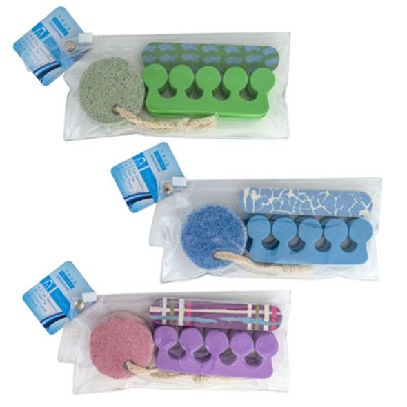 PEDICURE SET 4PC 3AST COLORS W/PUMICE/FILE/2 TOE SEPARATORS PVC POUCH HBA HT PEDICURE SET 4PC 3AST COLORS W/PUMICE/FILE/2 TOE SEPARATORS PVC POUCH HBA HT