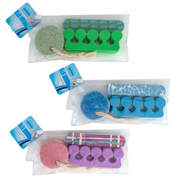 PEDICURE SET 4-PC 3AST COLORS W/PUMICE/FILE/2 TOE SEPARATORS PVC POUCH HBA HT PEDICURE SET 4-PC 3AST COLORS W/PUMICE/FILE/2 TOE SEPARATORS PVC POUCH HBA HT