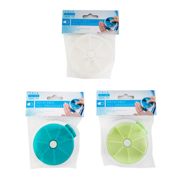 PILL ORGANIZER ROUND 7-DAY 3.5IN DIA ROTATABLE 3AST CLRS HBA/PBH