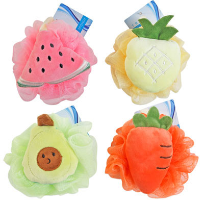 BATH SPONGE NOVELTY 4AST SOFT AVOC/CARROT/PINEAPL/WATERMELON SPONGE W/PLUSH HBA/HT