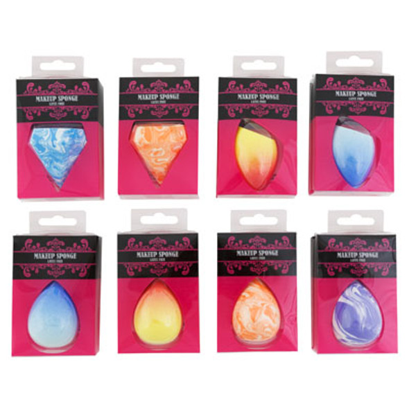 MAKEUP SPONGE BEAUTY BLENDER 8AST 2.5IN PRINTED ACETATE BOX 3 SHAPES/2 COLOR MIXES