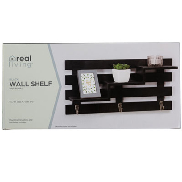 WALL DECOR MDF W/3 SHELF/3HOOK BLACK 15.75 X 3.35 X 7.5IN COLOR BOXED STOCKLOT