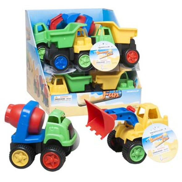 CONSTRUCTION TRUCKS 3ASST IN PLASTIC 6X4X4.5/12PC PDQ/EA W/HT