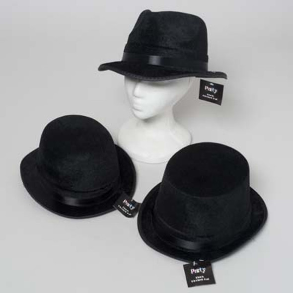 HAT BLACK FLOCKED 3AST GANGSTER/CLOWN/TOPHAT W/SATIN RIBBON HT HAT BLACK FLOCKED 3AST GANGSTER/CLOWN/TOPHAT W/SATIN RIBBON HT