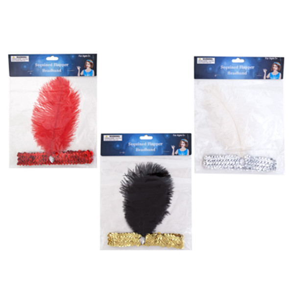 FLAPPER HEADBAND W/SEQUIN BAND& FEATHER 3AST COLORS RED/WHITE/BLACK PBH FLAPPER HEADBAND W/SEQUIN BAND& FEATHER 3AST COLORS RED/WHITE/BLACK PBH