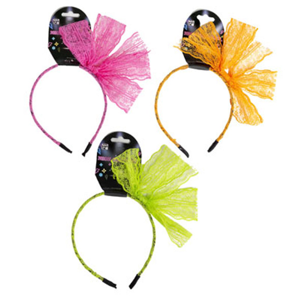 HEADBAND NEON W/LACE BOW 3AST CLRS GREEN/PINK/ORANGE BARBELL CARD HEADBAND NEON W/LACE BOW 3AST CLRS GREEN/PINK/ORANGE BARBELL CARD