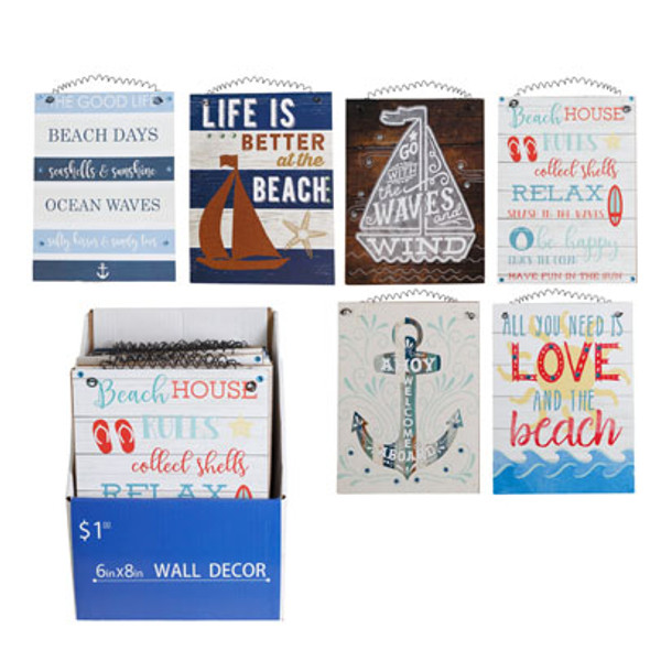 SENTIMENT HOME DECOR PLAQUES 6X8IN ASSORTED BEACH THEME 24PC PDQ MDF COMPLY/PP$1.00
