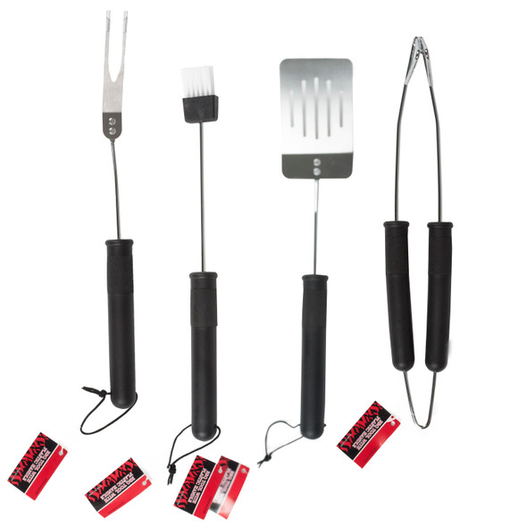 BBQ TOOL 4AST W/PLASTIC HANDLE TURNER/TONG/FORK/BASTING BRUSH BBQ HANGTAG