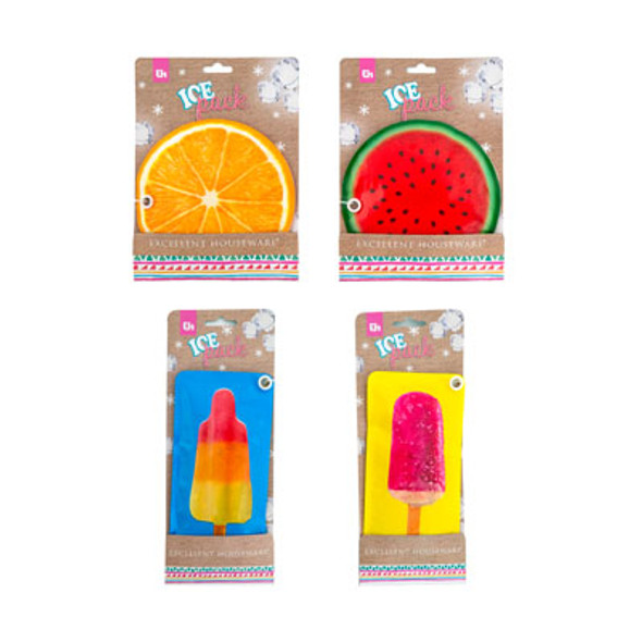 ICE PACK 4AST SUMMER DESIGNS 2 ROUND FRUIT/2 RECT ICE POP TIE ON CARD