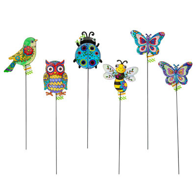 GARDEN YARD STAKE METAL 6AST 24INL HANGTAG 2-BUTTERFLY/OWL/BIRD/BEE/LADYBUG