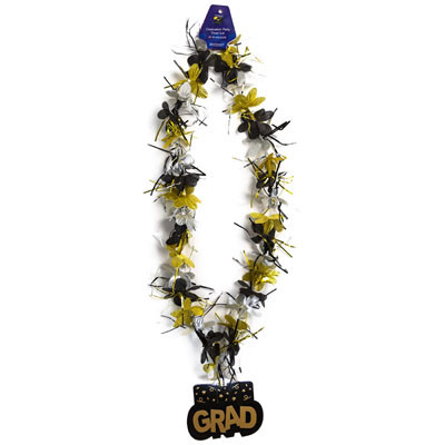 GRAD PARTY TINSEL LEI 25IN BLACK/GOLD W/GRAD PENDANTBARBELL CARD