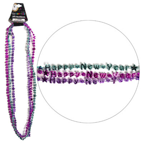 NECKLACE HAPPY NEW YEAR PLASTIC3AST COLORS/PK 33INL NYHDRGREEN/PURPLE/PINK PER PK