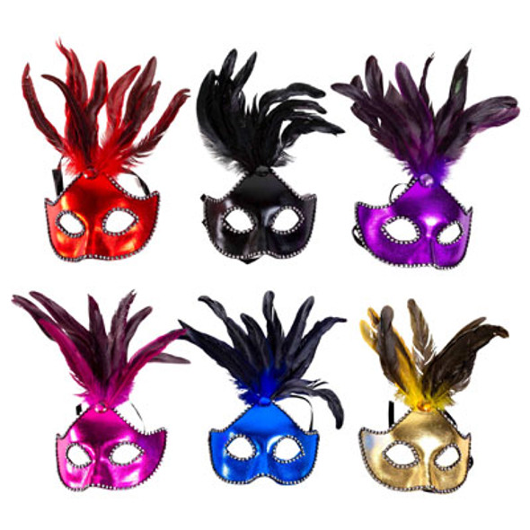 MASK CARNIVALE SHINY W/FEATHERS & GEM TRIM 6AST CLRS STRING TIE TIE ON CARD MASK CARNIVALE SHINY W/FEATHERS & GEM TRIM 6AST CLRS STRING TIE TIE ON CARD