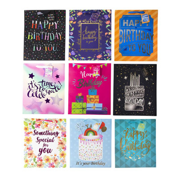 GIFT BAG BIRTHDAY LARGE 9AST W/HOTSTAMP 10.4 X 5.35 X 12.8IN 150GSM UPC