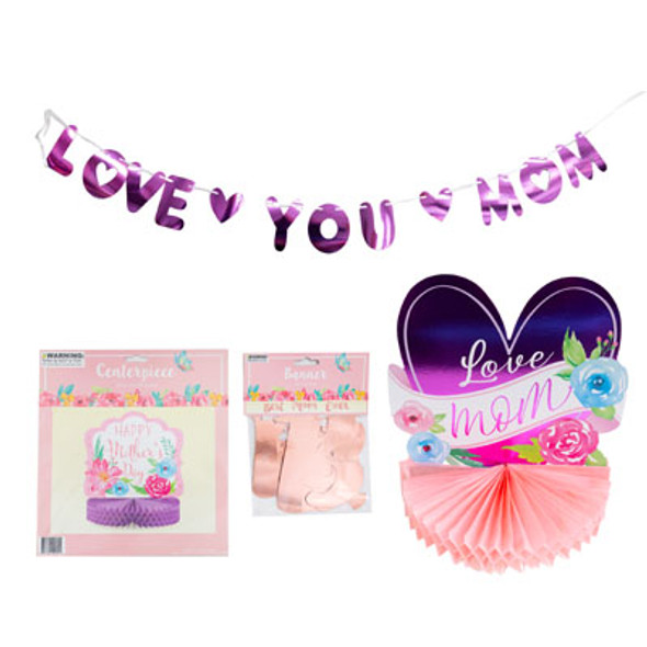 MOTHERS DAY BANNER/TABLE DECOR 4AST 7FT BANNER/10IN HONEYCOMB FOIL PRINT