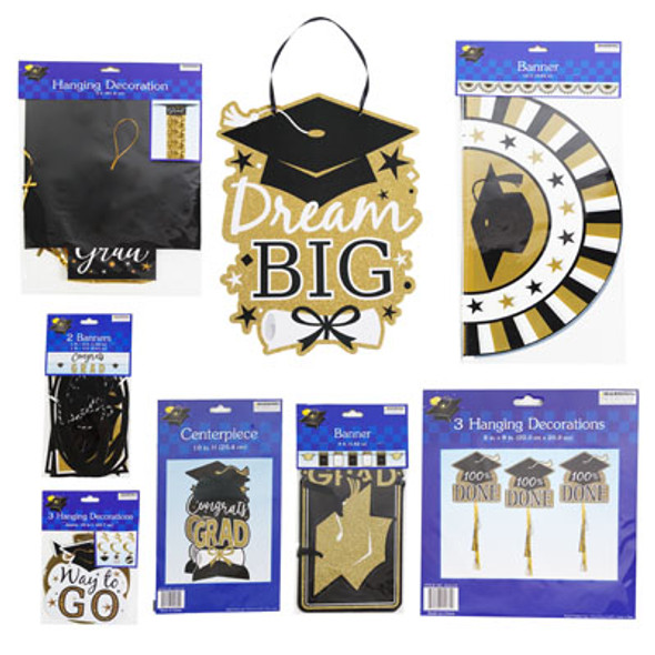 GRADUATION PARTY DECORATIONS 8AST BLACK/GOLD HANGING/TABLE GRADUATION PARTY DECORATIONS 8AST BLACK/GOLD HANGING/TABLE