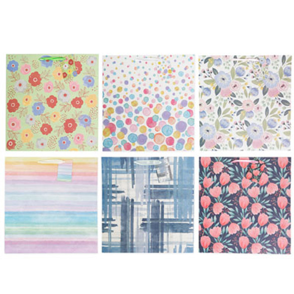 GIFT BAG GLITTER FRONT 15SQ IN W/8IN GUSSETT SATIN HANDLE 6AST 15 X 8 X 15IN/UPC LABEL