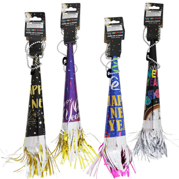 PARTY HORN NEW YEAR 13.5INON CHAIN FRINGED 4AST/NY TCD PARTY HORN NEW YEAR 13.5INON CHAIN FRINGED 4AST/NY TCD