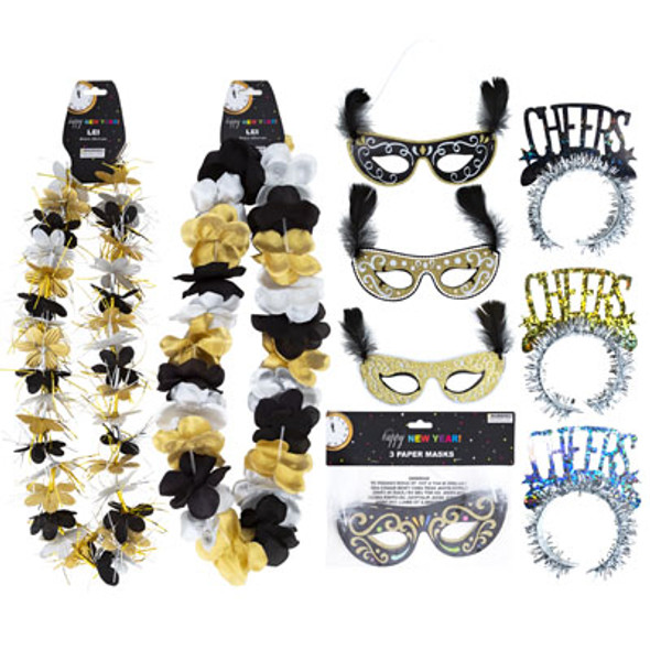 NEW YEAR PARTY COSTUME 5AST 2-LEIS/2-3PK MASK/3PK HEADBANDS NY BARBELL/PBH/PB W/INSERT NEW YEAR PARTY COSTUME 5AST 2-LEIS/2-3PK MASK/3PK HEADBANDS NY BARBELL/PBH/PB W/INSERT