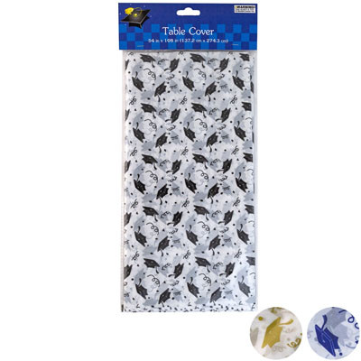 TABLECOVER GRAD 54X108 3AST CLRSFULL PRINT CAP GOLD/BLACK/BLUEPBH 0.02MM/PE