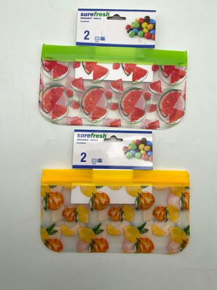 FOOD STORAGE BAG REUSABLE 2AST PRINTED 2PK SNACK SIZE 8.7X4.7IN ON 12PC DISP STRIP B&C TCD