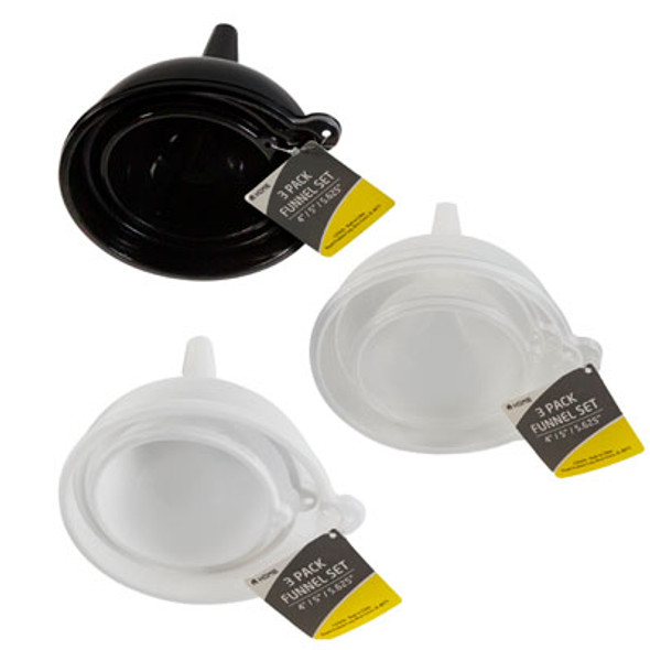 FUNNEL S/3 LARGE/MEDIUM/SMALL 3AST COLORS BLACK/WHITE/CLEAR HOUSEWARE HT