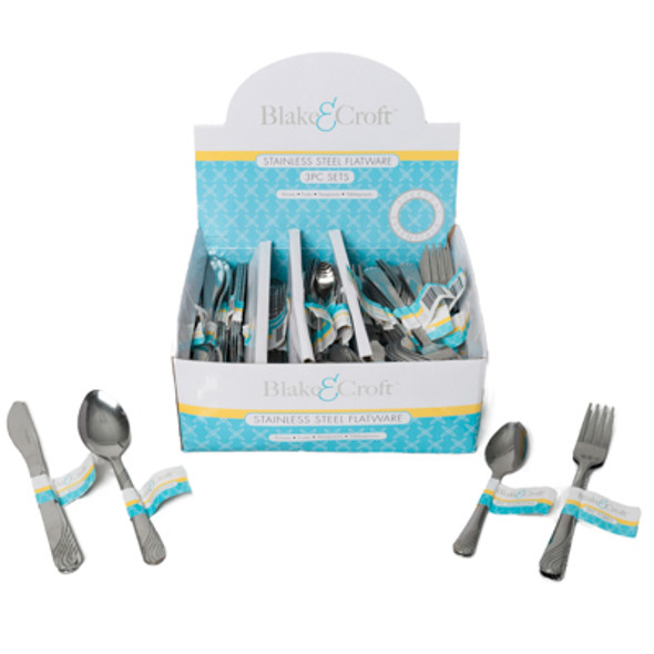 FLATWARE STAINLESS S/3 ASSTKNIFE/FORK/TBS/TSP PDQ 108 SETS KITCHEN COLOR EZPEEL LABEL FLATWARE STAINLESS S/3 ASSTKNIFE/FORK/TBS/TSP PDQ 108 SETS KITCHEN COLOR EZPEEL LABEL
