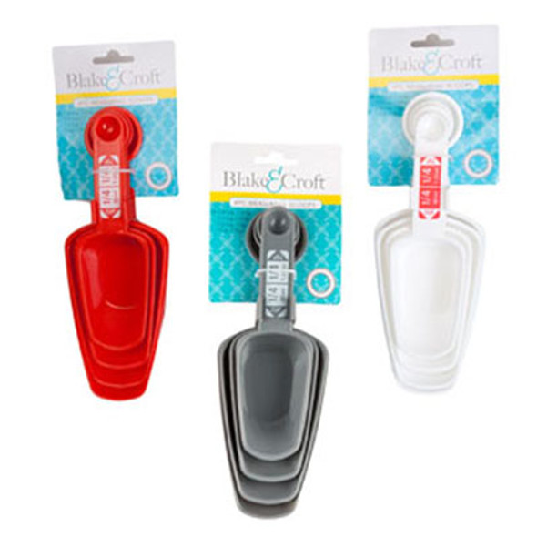 MEASURING SCOOPS 4PC W/SPOONS ON THE END/3AST CLRS KITCHEN TCD GREY/RED/WHITE