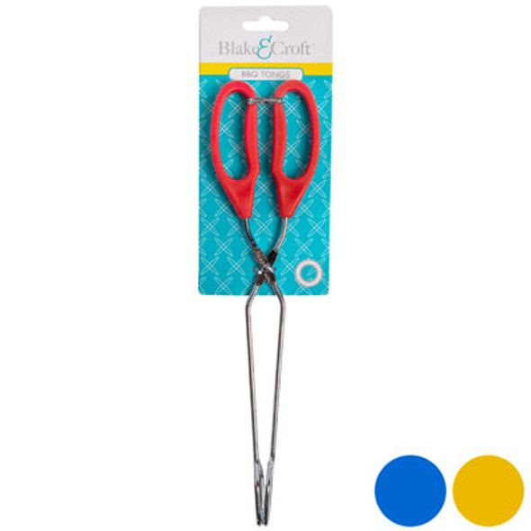 TONGS BBQ CHROMED IRON 12IN W/PLST HANDLE 3AST CLR/B&C TIECARD TONGS BBQ CHROMED IRON 12IN W/PLST HANDLE 3AST CLR/B&C TIECARD
