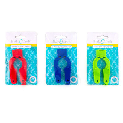 BOTTLE OPENER PLASTIC 3-WAY 3 ASTCLRS 12PC MDSG STRIP PB/INSERT IN USE ARTWORK