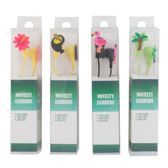 EARBUDS NOVELTY TROPICAL 4AST 3.5MM JACK PVC BOX/INSERT PALM TREE/FLAMINGO/TOUCAN/FLOWER
