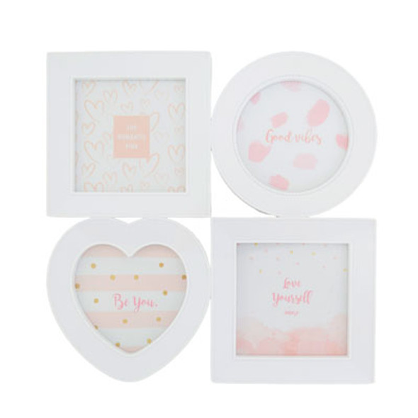 PHOTO FRAME WHITE 4-SECTION 9X9IN HOLDS 3.94IN PHOTOS SHRINK W/COLOR LABEL