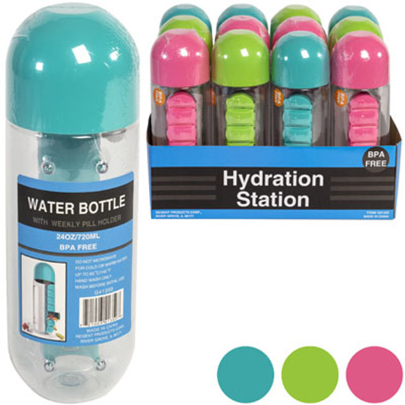 WATER BOTTLE BUILT IN 7DAY PILLBOX ORGANIZER 20OZ BPA FREE 3AST CLRS 12PC TRAY DISPLAY WATER BOTTLE BUILT IN 7DAY PILLBOX ORGANIZER 20OZ BPA FREE 3AST CLRS 12PC TRAY DISPLAY