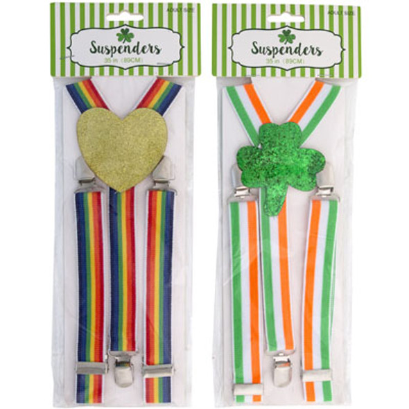 SUSPENDER ST. PAT W/GLITTER 2AST HEART/SHAMROCK ICON 35INLX1INWST. POLYBAG HEADER SUSPENDER ST. PAT W/GLITTER 2AST HEART/SHAMROCK ICON 35INLX1INWST. POLYBAG HEADER