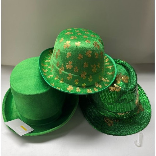 HAT ST PATRICK'S 3AST SHAMROCK HOTSTAMP PRINT DERBY/SEQUINS FEDORA/VELVET TOPHAT JHOOK/HT