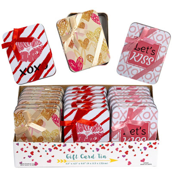 GIFT CARD TIN W/BOW 3AST VALENTINE PRINTS/24PC PDQ3.5 X 4.5IN
