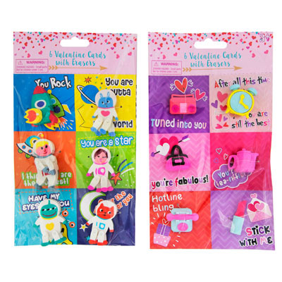 VALENTINE CLASSROOM CARDS 6CT W/SHAPED ERASER 2 ASST BOY/GIRLPOLYBAG/INSERT