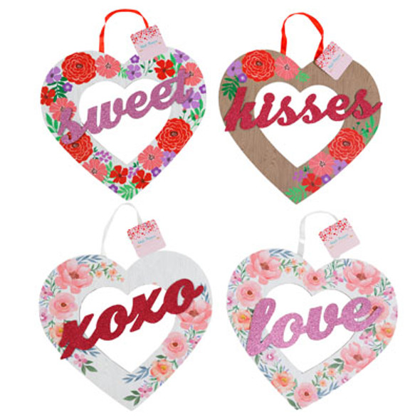 VALENTINE HANGING WALL PLAQUE PAPERBOARD HEART W/GLITTER 4AST FLORAL PRINT 11X10.5IN VAL HT