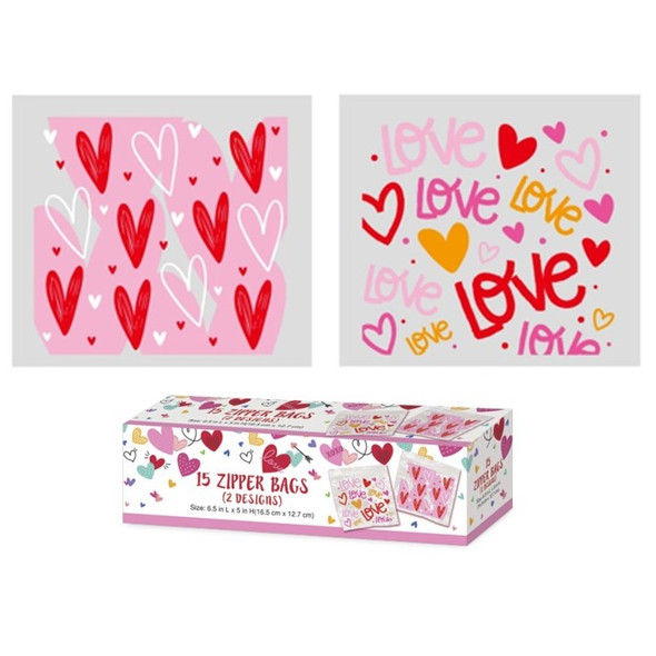 SANDWICH ZIPPER SEAL BAGS W/VALENTINE PRINT 15CT BOXED 2AST