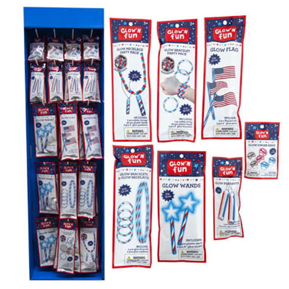 GLOW STICK 102PC PATRIOTIC DISP 7ASST STYLES IN POWER PANEL EA IN FOIL BAG