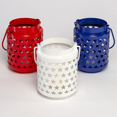 LANTERN DECORATIVE METAL W/STAR CUTOUTS LITE-UP 3AST CLR W/HNDLAPPROX 4X5IN RED/WHITE/BLUE HT