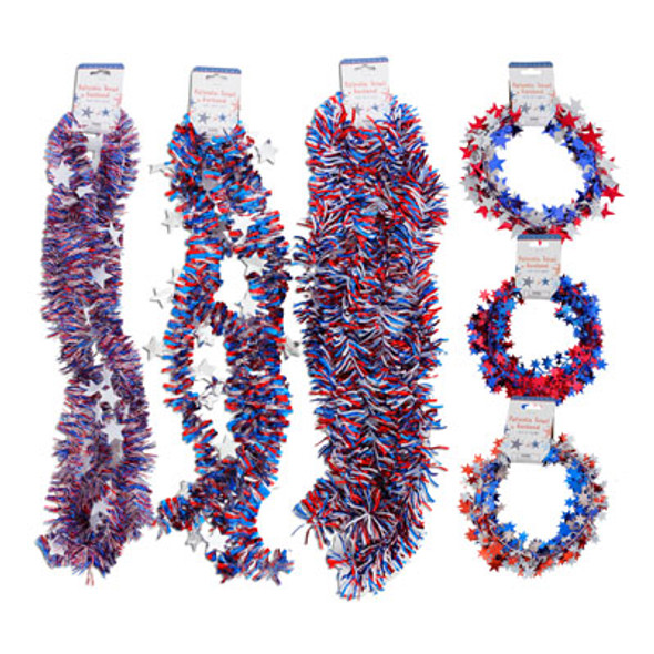 GARLAND TINSEL PATRIOTIC 6AST 9FT & 25FT WIRE PATRIOTIC BARBLL