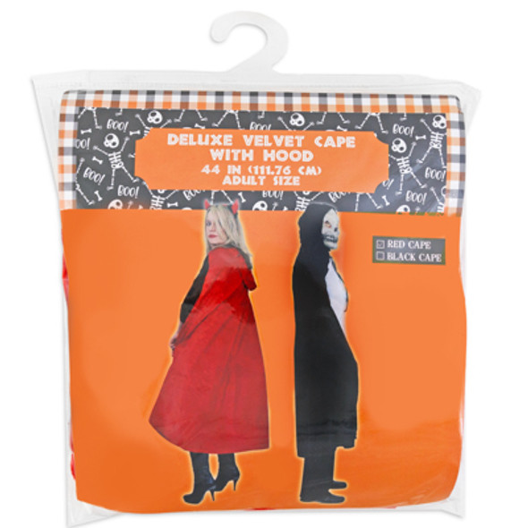 CAPE HOODED VELVET ADULT 44IN RED OR BLACK POLYESTER PVC BAG/INSERT CARD W/HANGER