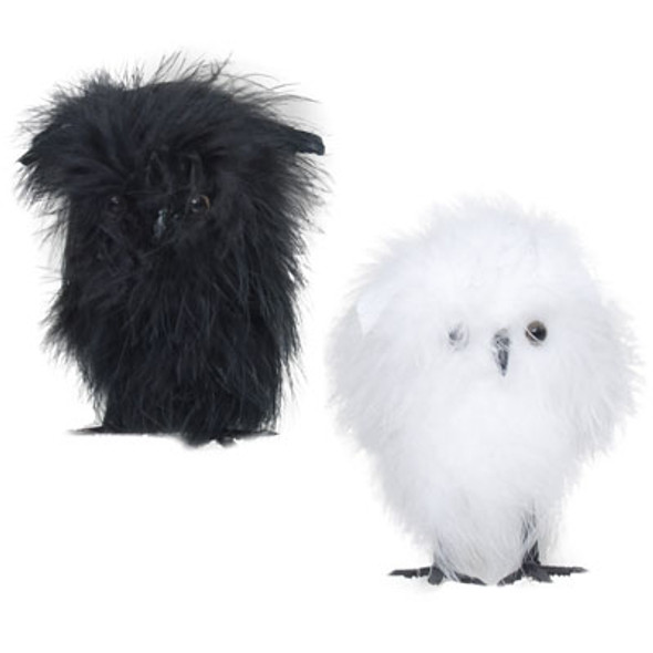 OWL 4IN FEATHERED 2AST BLACK ORWHITE W/HALLOWEEN HT IN 24PC PDQ